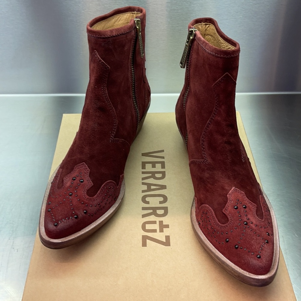 Vera Cruz wine red studded suede leather boots. New in box from Sundance.